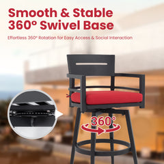 Modern Outdoor 2-Piece Swivel Bar Chairs – Aluminum Frame with Ember Black, 360° Swivel, Ergonomic Backrest & Armrests, Tapered Legs, Sunbrella Cushion, Weather-Resistant & Durable Patio Bar Stool