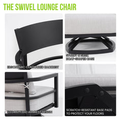 3PC Outdoor Aluminum Patio Furniture,Modern Fully Weld Swivel Lounge Chair Chat Set,Sunbrella Cushions,Elegance Arc 23.6'' Side Table with Greek White Marble-Inspired Sintered Stone Top,Ember Black