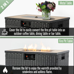32" Propane Gas Fire Pit Table with Propane Tank Cover 2-Pieces, 50000 BTU Rectangular Steel Fire Pit with Beautiful Wicker Base for Outside Garden-Dark Gray