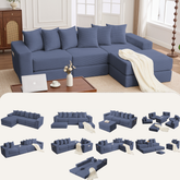 10-in-1 Convertible Sofa Sectional ,Corner Couch , Convertible Floor Sleeper Sofa,Corduroy,Side Pocket,No Assembly,DIY,L Shaped Modular Sofa,6 Pillows,Blue