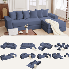 10-in-1 Convertible Sofa Sectional ,Corner Couch , Convertible Floor Sleeper Sofa,Corduroy,Side Pocket,No Assembly,DIY,L Shaped Modular Sofa,6 Pillows,Blue