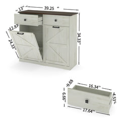Farmhouse Double Tilt Out Trash Cabinet for 20 Gallon Trash Cans, Free Standing Recycling Cabinet with Hideaway Drawer, Barn Door Style Laundry Sorter Cabinet, Tilt Out Trash Cabinet for Kitchen