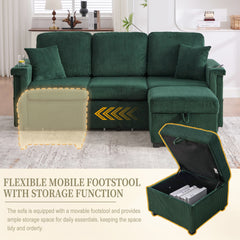 UNITED WE WIN L-Shaped Sectional Sofa with Pull-Out Storage,Ottoman & Pillows 3-Seat with USB Charging,Cup Holder, Convertible Design for Living Room, Apartment, Corduroy Fabric