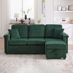 UNITED WE WIN L-Shaped Sectional Sofa with Pull-Out Storage,Ottoman & Pillows 3-Seat with USB Charging,Cup Holder, Convertible Design for Living Room, Apartment, Corduroy Fabric