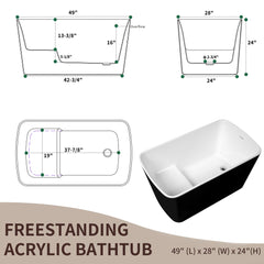 49'' x 28'' Acrylic Freestanding Soaking Bathtub, Square-shape Japanese Soaking Hot Tub, Sit-In Design with Chrome Overflow and Drain, Glossy Black GF-23AMA-49B