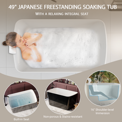 49'' x 28'' Acrylic Freestanding Soaking Bathtub, Square-shape Japanese Soaking Hot Tub, Sit-In Design with Chrome Overflow and Drain, Glossy Black GF-23AMA-49B