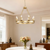 Wagon Wheel Chandelier Farmhouse Modern Small Round Chandelier for Living Room Kitchen Island Foyer Hallway Entryway Bedroom Dining Room Light Fixture Ceiling Hanging--Gold-E12--No Included Bulbs