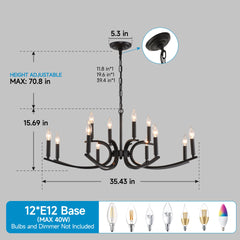 12-Light Farmhouse Chandelier, Black Metal Chandeliers Light Fixtures Industrial for High Ceiling Living Dining Room Foyer. Adjustable Height-E12 (NO Included Bulb)