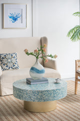 35x35x16" Unique Hyperion Capiz Inlay Drum Coffee Table with Gold Pedestal Base