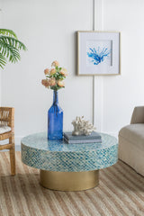 35x35x16" Unique Hyperion Capiz Inlay Drum Coffee Table with Gold Pedestal Base