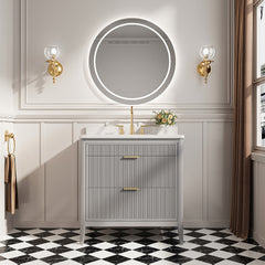 Fully Assembled 36'' Grey Freestanding Single Sink Bathroom Vanity with 2 Handle Sets and Engineered Marble Top