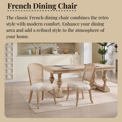 French Country Dining Chairs Set of 2, Upholstered Chairs with Nature Rattan Fan-shaped Back, Wire drawing and carving techniques ,Disassemblable , for Living Room, Kitchen , Restaurant Use, Beige