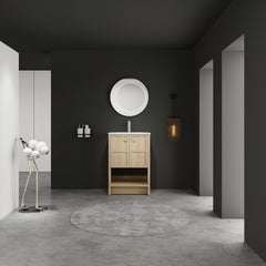 24" Freestanding Bathroom Vanity whit Ceramic Sink, 2-Soft Closing Door, Oak, Plywood