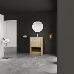 24" Freestanding Bathroom Vanity whit Ceramic Sink, 2-Soft Closing Door, Oak, Plywood