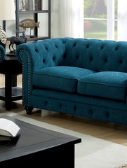Contemporary Dark Teal Color 1pc Loveseat Button Tufted Couch Rolled Arms Nailhead Trim Leatherette