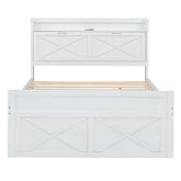 Full Size Wooden Bed with Storage Headboard with Outlets, Extendable Bed with Twin Size Trundle with Three Storage Drawers,White