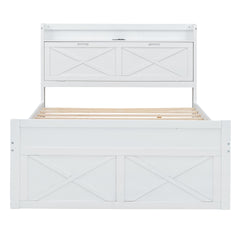 Full Size Wooden Bed with Storage Headboard with Outlets, Extendable Bed with Twin Size Trundle with Three Storage Drawers,White