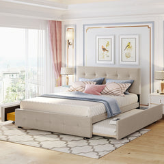 Upholstered Platform Bed with 2 Drawers and 1 Twin XL Trundle, Linen Fabric, Queen Size - Dark Beige(OLD SKU :LP100314AAA)