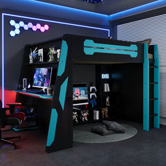 Full Size Wood Loft Bed with Desk, Multi-storage Shelves and RGB Light, Cloud Blue