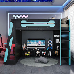 Full Size Wood Loft Bed with Desk, Multi-storage Shelves and RGB Light, Cloud Blue