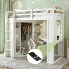 Twin Size Loft Bed with Integrated Large Wardrobe and Desk, All-in-One Space-Saving High Bed with Pull-out Keyboard Tray, Charging Station and Dual Metal Spotlights-Beige White