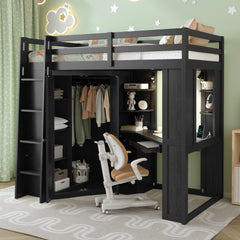 Twin Size Loft Bed with Integrated Large Wardrobe and Desk, All-in-One Space-Saving High Bed with Pull-out Keyboard Tray, Charging Station and Dual Metal Spotlights-Black