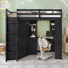 Twin Size Loft Bed with Integrated Large Wardrobe and Desk, All-in-One Space-Saving High Bed with Pull-out Keyboard Tray, Charging Station and Dual Metal Spotlights-Black
