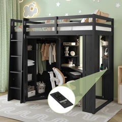 Twin Size Loft Bed with Integrated Large Wardrobe and Desk, All-in-One Space-Saving High Bed with Pull-out Keyboard Tray, Charging Station and Dual Metal Spotlights-Black