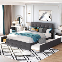 Upholstered Platform Bed with 2 Drawers and 1 Twin XL Trundle, Linen Fabric, Queen Size - Dark Gray(OLD SKU :LP100314AAE)