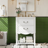 24'' Bathroom Vanity with Ceramic Sink, Bathroom Cabinet with Two Soft-Close Drawers and an Open Shelf, Vintage Elegant Wave Design