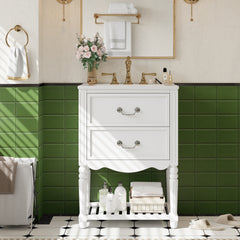 24'' Bathroom Vanity with Ceramic Sink, Bathroom Cabinet with Two Soft-Close Drawers and an Open Shelf, Vintage Elegant Wave Design