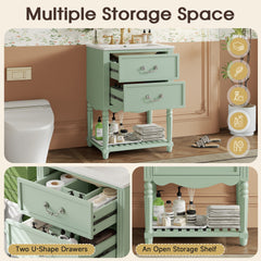 24'' Bathroom Vanity with Ceramic Sink, Bathroom Cabinet with Two Soft-Close Drawers and an Open Shelf, Vintage Elegant Wave Design