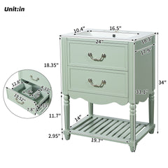 24'' Bathroom Vanity with Ceramic Sink, Bathroom Cabinet with Two Soft-Close Drawers and an Open Shelf, Vintage Elegant Wave Design