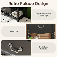 24'' Bathroom Vanity with Ceramic Sink, Bathroom Cabinet with Two Soft-Close Drawers and an Open Shelf, Vintage Elegant Wave Design