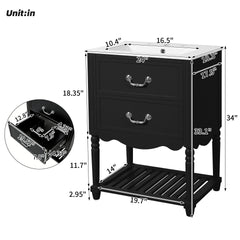 24'' Bathroom Vanity with Ceramic Sink, Bathroom Cabinet with Two Soft-Close Drawers and an Open Shelf, Vintage Elegant Wave Design