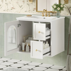 24" Bathroom Vanity Set Wall Mounted for Small Space, Bathroom Cabinet with Ceramic Sink, 2 Drawers and 1 Soft-Close Door