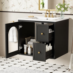 24" Bathroom Vanity Set Wall Mounted for Small Space, Bathroom Cabinet with Ceramic Sink, 2 Drawers and 1 Soft-Close Door
