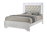 1pc Modern White Textured Finish Tufted Headboard Upholstered Integrated LED Lighting King Size Panel Bed Button Tufted Wooden Bedroom Furniture