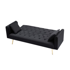 71-inch foldable double sofa, with American retro style, made of black velvet material, suitable for small living rooms, bedrooms and offices.