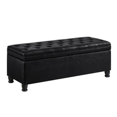 Upholstered tufted button storage bench ,Faux leather entry bench with spindle wooden legs, Bed bench- Black