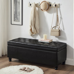 Upholstered tufted button storage bench ,Faux leather entry bench with spindle wooden legs, Bed bench- Black