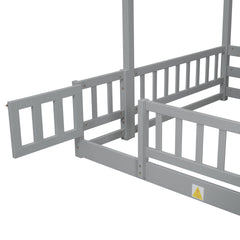 Twin Over Full Bunk Bed with Slide, Storage Staircase, Pine Solid Wooden Bunk Bed with Safety Guardrails ,Grey