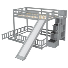 Twin Over Full Bunk Bed with Slide, Storage Staircase, Pine Solid Wooden Bunk Bed with Safety Guardrails ,Grey