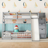 Twin Over Full Bunk Bed with Slide, Storage Staircase, Pine Solid Wooden Bunk Bed with Safety Guardrails ,Grey