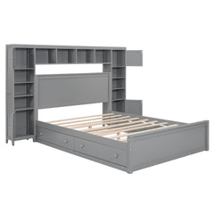 Queen Size Wooden Bed With All-in-One Cabinet, Shelf and Sockets,Twin XL Trundle, Gray