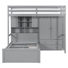 Twin Bunk Bed with Drawers, Wardrobe, Storage Shelves and Hydraulic Bed,Gray