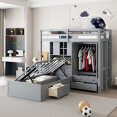 Twin Bunk Bed with Drawers, Wardrobe, Storage Shelves and Hydraulic Bed,Gray