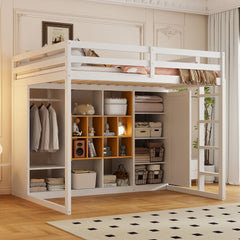 Full Size Wood Loft Bed with Wardrobe, shelves and Cabinet, White+Yellow