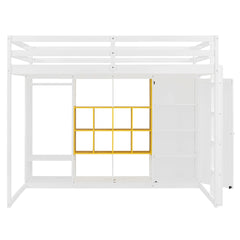 Full Size Wood Loft Bed with Wardrobe, shelves and Cabinet, White+Yellow