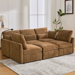 Modern Sectional Sofa Modular Sofa 85.4" U-shaped Sofa Couch Sofa Bed L-shaped Sofa with a Movable Ottoman and Two USB Ports and a Phone Holder for Living Room, Brown